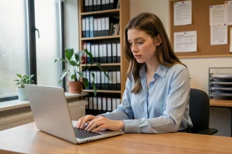Jeune étudiante consultant son mail académique de Bordeaux sur un ordinateur portable dans un bureau universitaire
