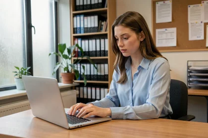 Jeune étudiante consultant son mail académique de Bordeaux sur un ordinateur portable dans un bureau universitaire