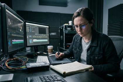 Étudiante en cycle professionnel cinéma audiovisuel travaillant sur un logiciel de montage vidéo dans un studio de post-production