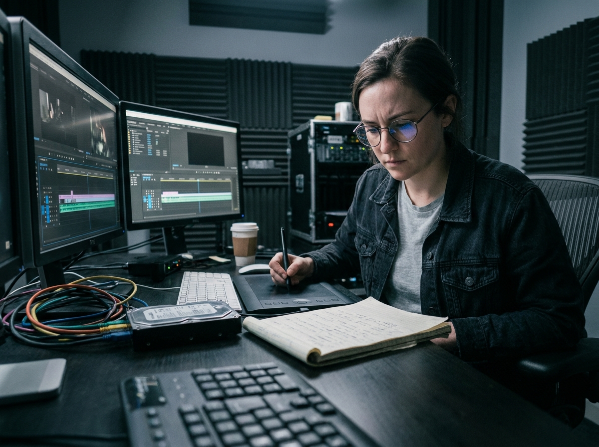 Étudiante en cycle professionnel cinéma audiovisuel travaillant sur un logiciel de montage vidéo dans un studio de post-production