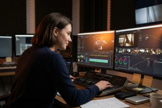 Étudiante en formation cinéma et audiovisuel travaillant sur un logiciel de montage vidéo professionnel dans une salle de post-production