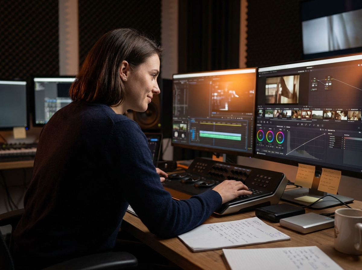 Étudiante en formation cinéma et audiovisuel travaillant sur un logiciel de montage vidéo professionnel dans une salle de post-production