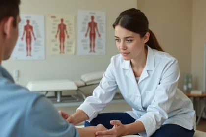 Jeune &eacute;tudiante en ost&eacute;opathie examinant l'&eacute;paule d'un patient