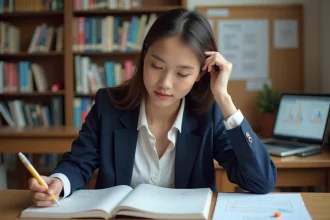 Étudiante en prépa ECG travaillant dans une bibliothèque universitaire avec des manuels de mathématiques et d'économie