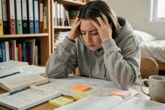 Étudiante en classe préparatoire épuisée, les mains sur les tempes, entourée de notes et de manuels sur un bureau encombré