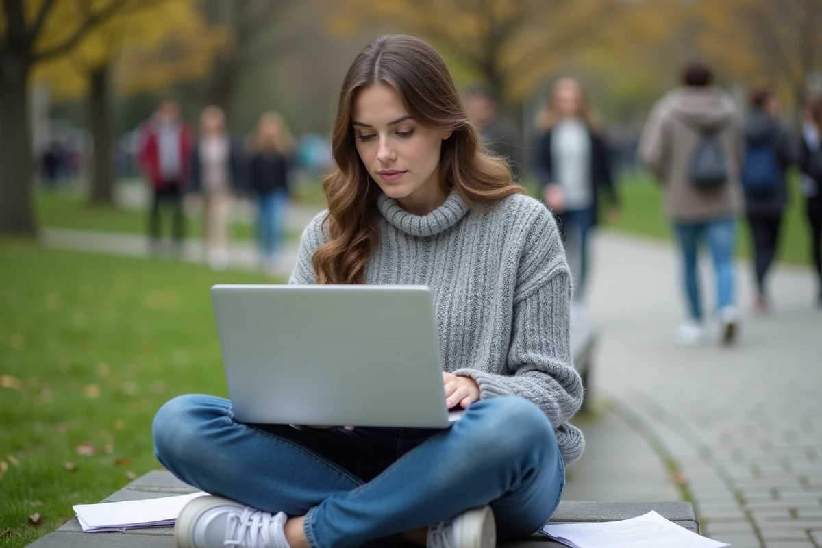 Étudiante rédigeant sa lettre de motivation sur ordinateur portable sur un campus universitaire