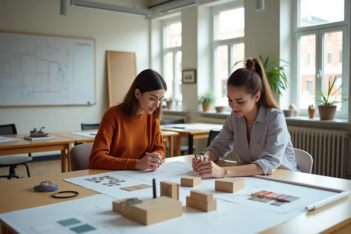 Deux étudiantes en formation décoration d'intérieur collaborant sur un projet dans un atelier pédagogique
