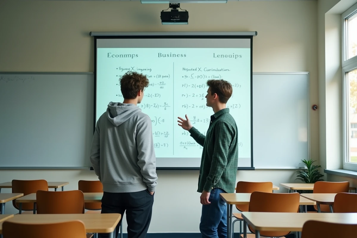Deux étudiants comparant les filières prépa ingénieur et prépa ECG devant un tableau de classe