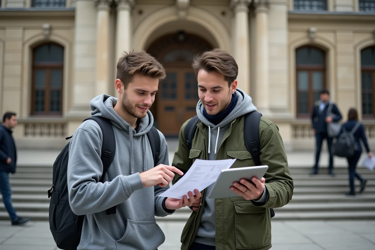 Deux étudiants consultant le dossier de candidature pour les nouveautés du processus E-candidat 2026 devant un bâtiment universitaire parisien