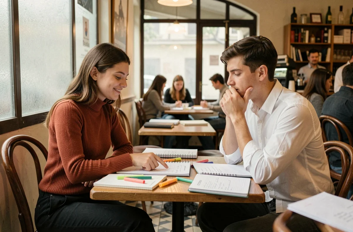 Deux étudiants en prépa trouvant l'équilibre ensemble dans un café, planifiant leur travail avec un agenda partagé