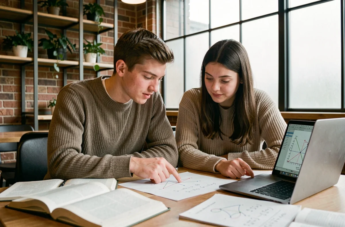 Deux étudiants révisant le calcul vectoriel avec des livres de maths et un ordinateur dans un café
