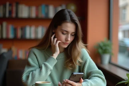 Jeune femme utilisant l'application Tandem sur son smartphone dans un café, évaluant les fonctionnalités premium de l'appli d'apprentissage des langues