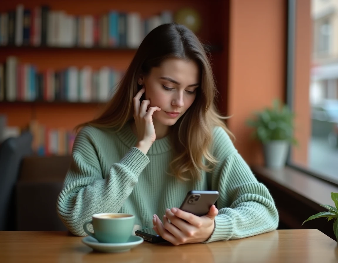 Jeune femme utilisant l'application Tandem sur son smartphone dans un café, évaluant les fonctionnalités premium de l'appli d'apprentissage des langues