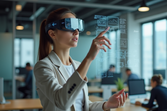 Jeune femme en bureau interactif avec réalité augmentée