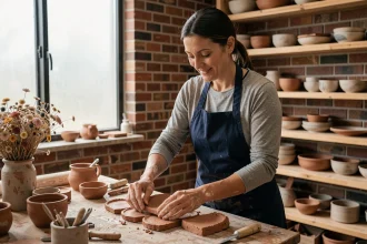Femme artisane en reconversion professionnelle travaillant la céramique dans un atelier sans diplôme requis