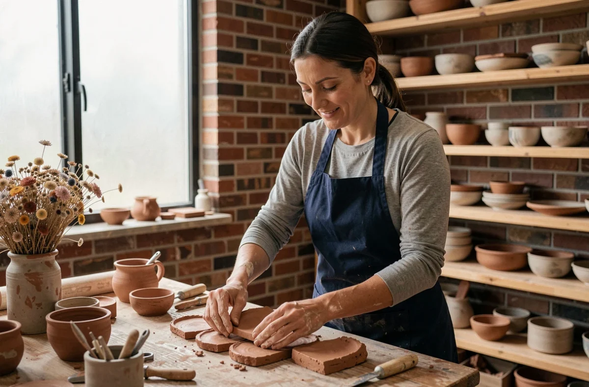 Femme artisane en reconversion professionnelle travaillant la céramique dans un atelier sans diplôme requis