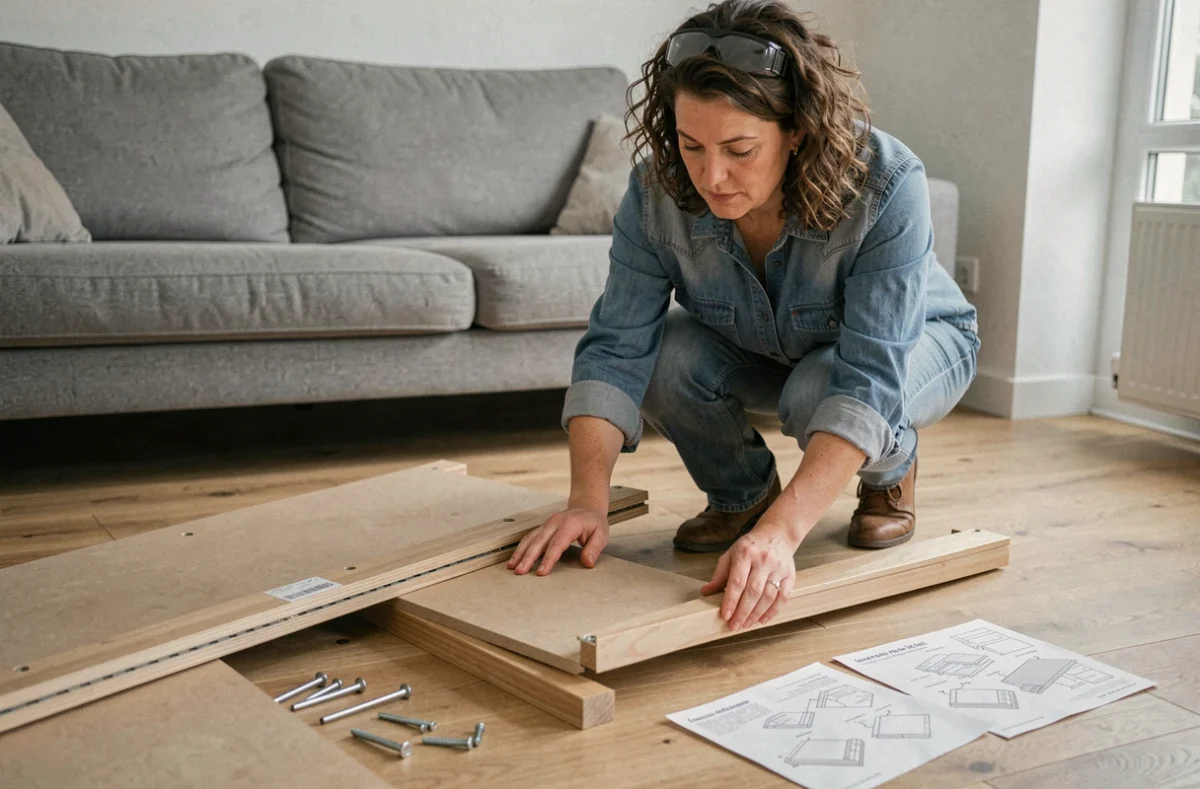 Femme aux cheveux bouclés assemblant un meuble en kit sur le parquet d'un salon moderne, entourée de vis et d'une notice de montage
