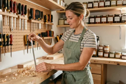 Femme adulte mesurant une planche en bois dans un atelier de bricolage maison, portant un tablier de travail vert et tenant un mètre ruban métallique