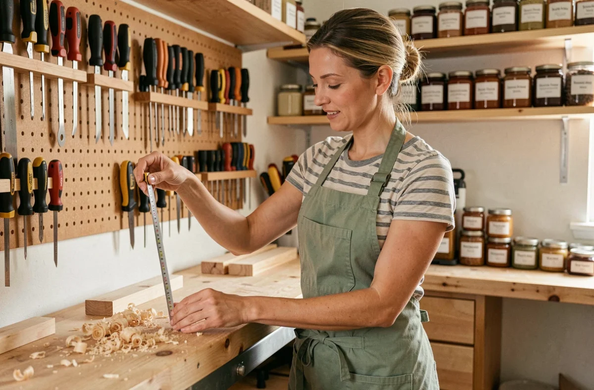 Femme adulte mesurant une planche en bois dans un atelier de bricolage maison, portant un tablier de travail vert et tenant un mètre ruban métallique