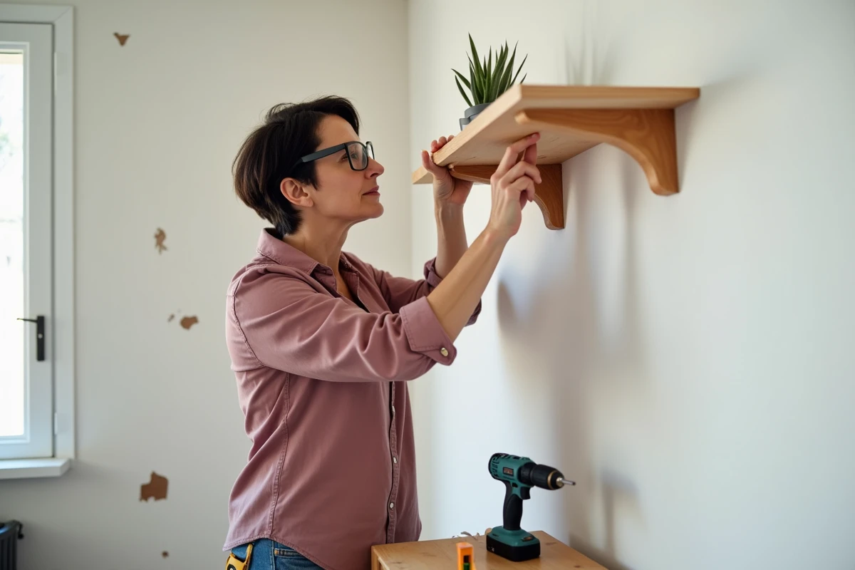 Femme bricolant seule chez elle en installant une étagère murale grâce à ses compétences acquises en formation CPF
