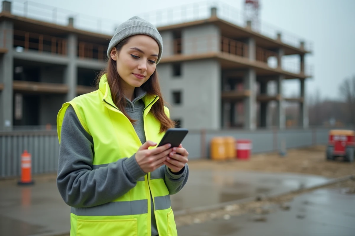 Femme travaillant dans le BTP consultant un site de formation professionnelle sur smartphone depuis un chantier de construction