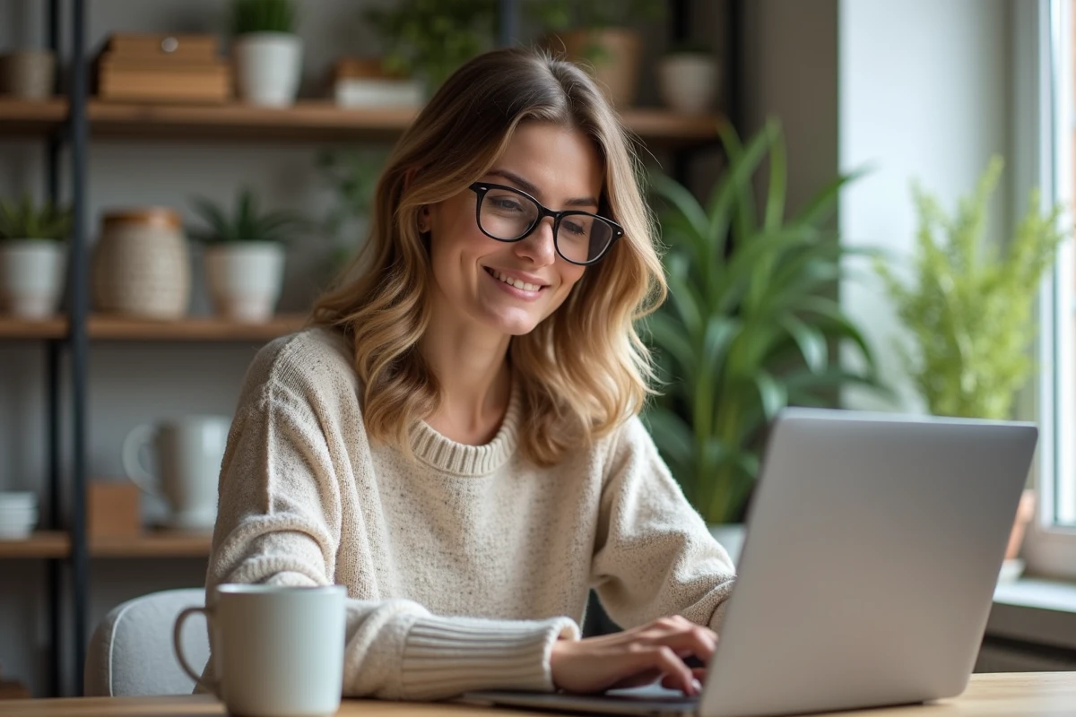 Femme assise à son bureau avec ordinateur portable dans un espace cosy