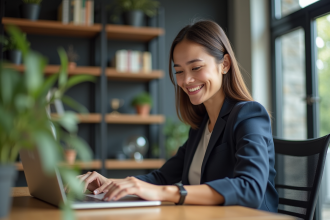 Femme professionnelle travaillant sur un ordinateur dans un bureau moderne