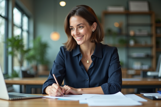 Femme souriante au bureau organise des documents