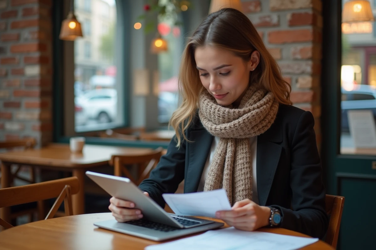 Jeune femme lisant des documents de voyage au café