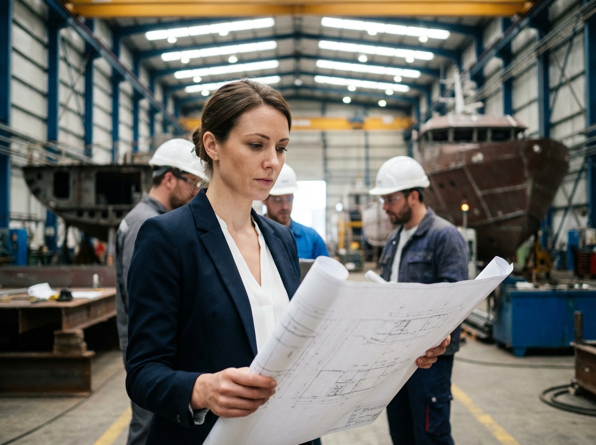 Jeune femme examinant des plans dans un chantier naval moderne