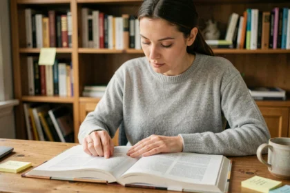 Femme consultant deux livres de référence pour trouver un équivalent usuel, dans un bureau à domicile chaleureux