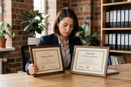 Femme professionnelle comparant un titre professionnel et un diplôme dans un espace de travail moderne