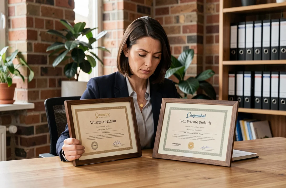 Femme professionnelle comparant un titre professionnel et un diplôme dans un espace de travail moderne