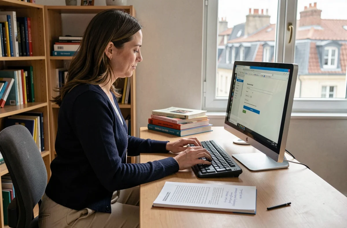 Femme paramétrant son compte mail académique Bordeaux depuis son appartement avec un guide imprimé et un cahier de notes