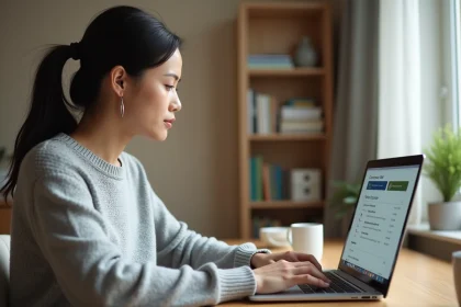 Femme adulte suivant un cours en ligne GRETA sur son ordinateur portable depuis son bureau à domicile