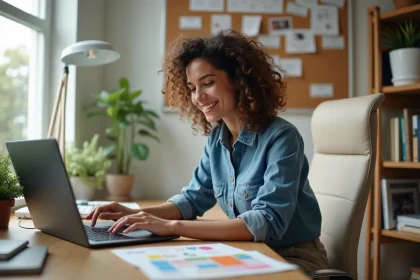 Jeune femme concentr&eacute;e sur son ordinateur en design graphique
