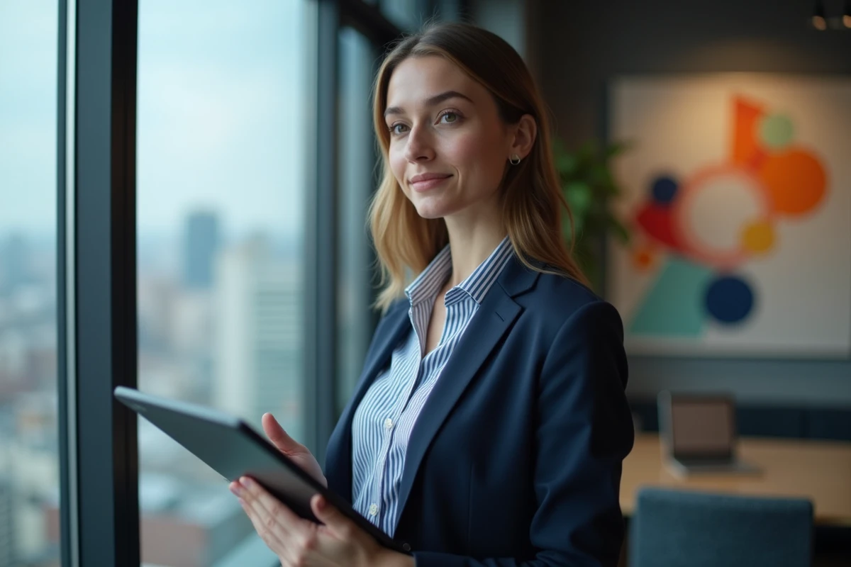 Femme concentrée tenant une tablette avec son CV en ligne