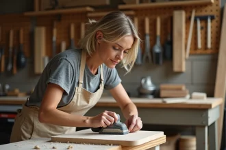 Femme débutante apprenant le bricolage en ponçant une étagère en bois dans un atelier artisanal organisé