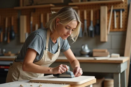 Femme débutante apprenant le bricolage en ponçant une étagère en bois dans un atelier artisanal organisé