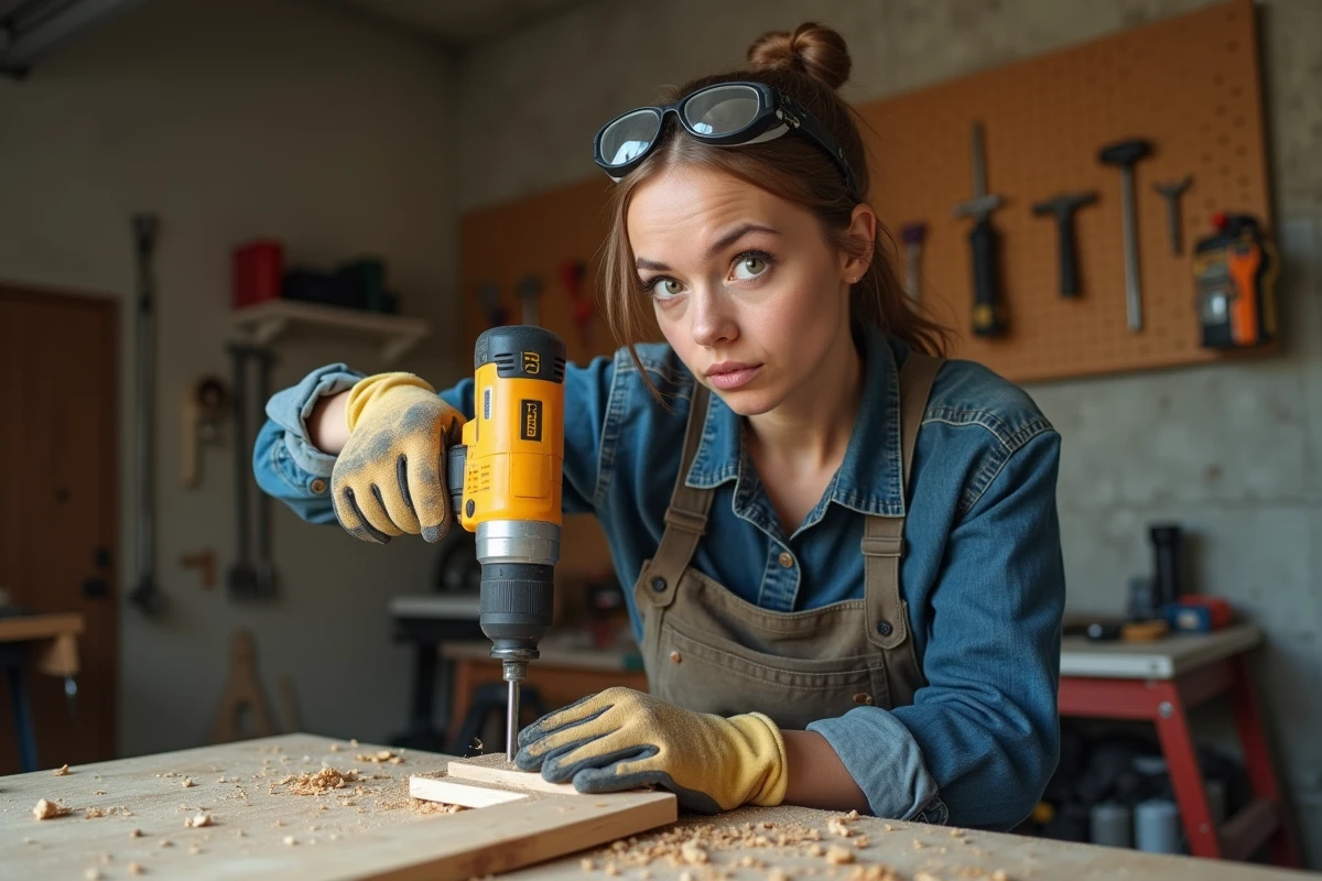 Une femme en atelier de bricolage maison tenant une perceuse mal positionnée face à une planche de bois fendue, erreur classique de débutante