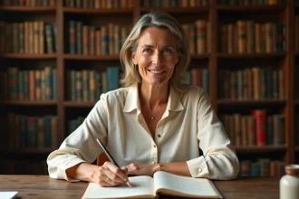 Femme écrivant un poème en strophes dans un carnet manuscrit sur un bureau en bois entouré de livres de littérature