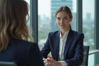 Jeune femme en entretien d'embauche dans un bureau moderne