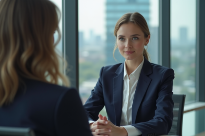 Jeune femme en entretien d'embauche dans un bureau moderne