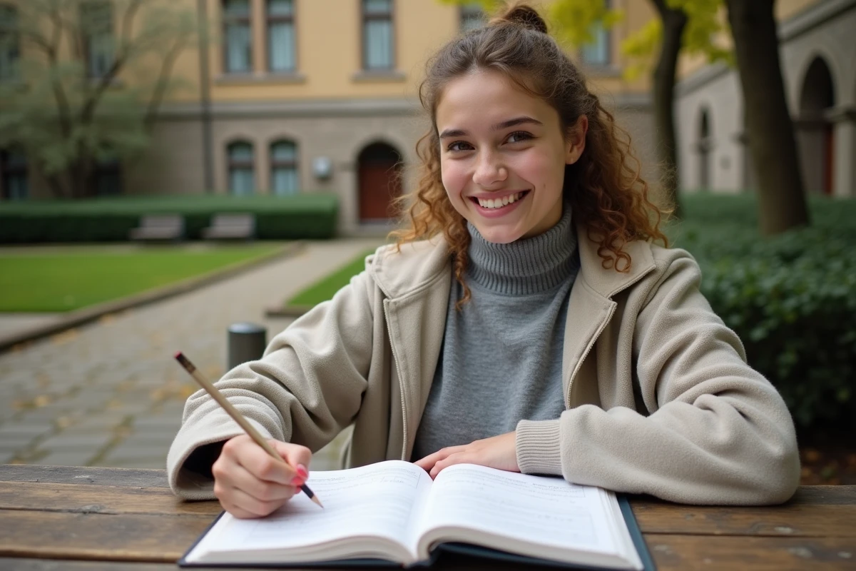 Jeune femme relaxant en ext&eacute;rieur avec livre de math&eacute;matiques