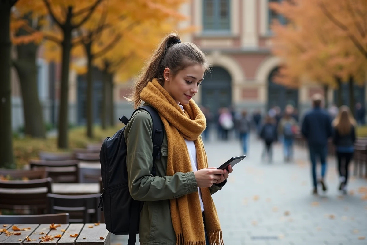 Femme étudiante vérifiant ses devoirs sur une tablette en extérieur