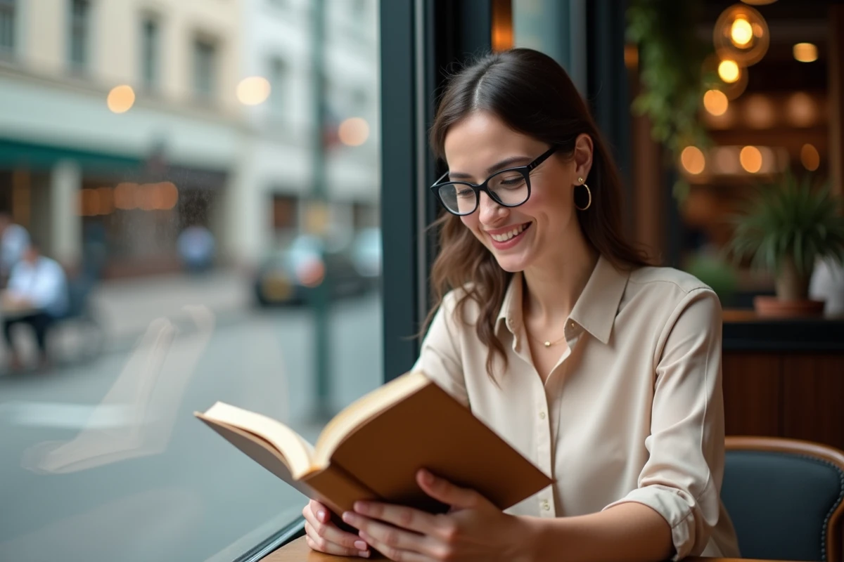 Femme lisant dans un café avec vue urbaine en arrière-plan