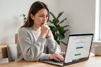 Femme devant son ordinateur portable essayant de récupérer son mot de passe oublié sur une plateforme e-learning Moodle
