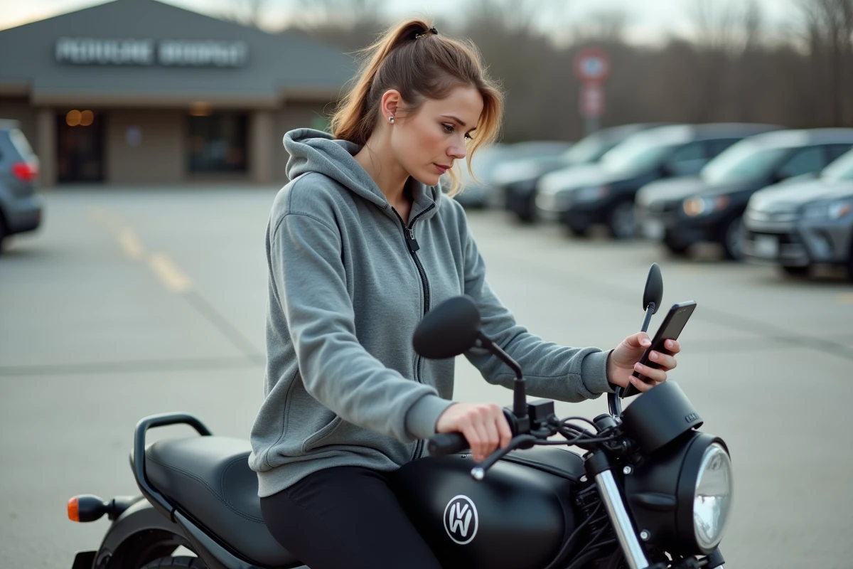 Femme assise sur une moto 125cc consultant les réglementations du permis B sur son téléphone dans un parking