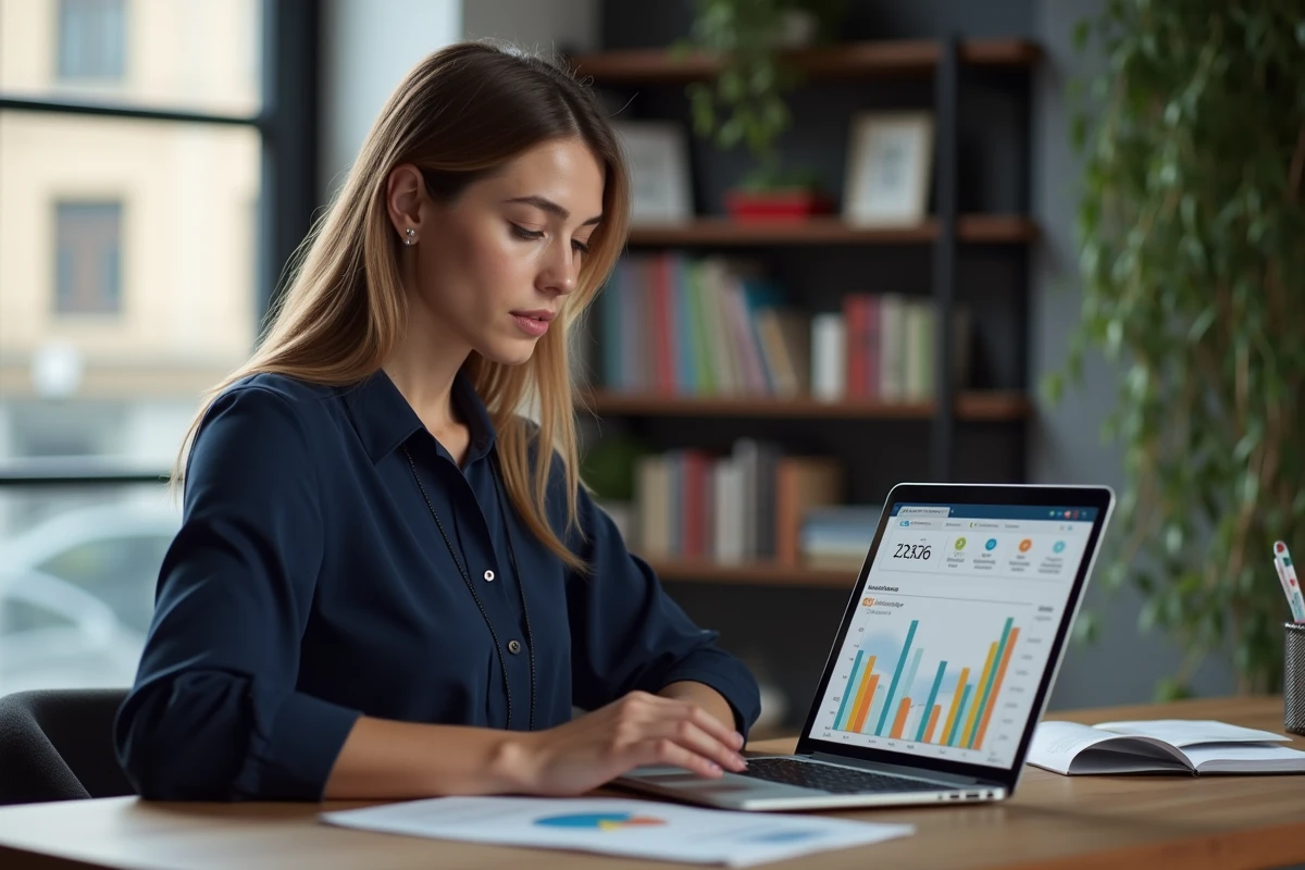 Femme utilisant un outil emailing sur ordinateur portable avec tableau de bord d'engagement visible à l'écran
