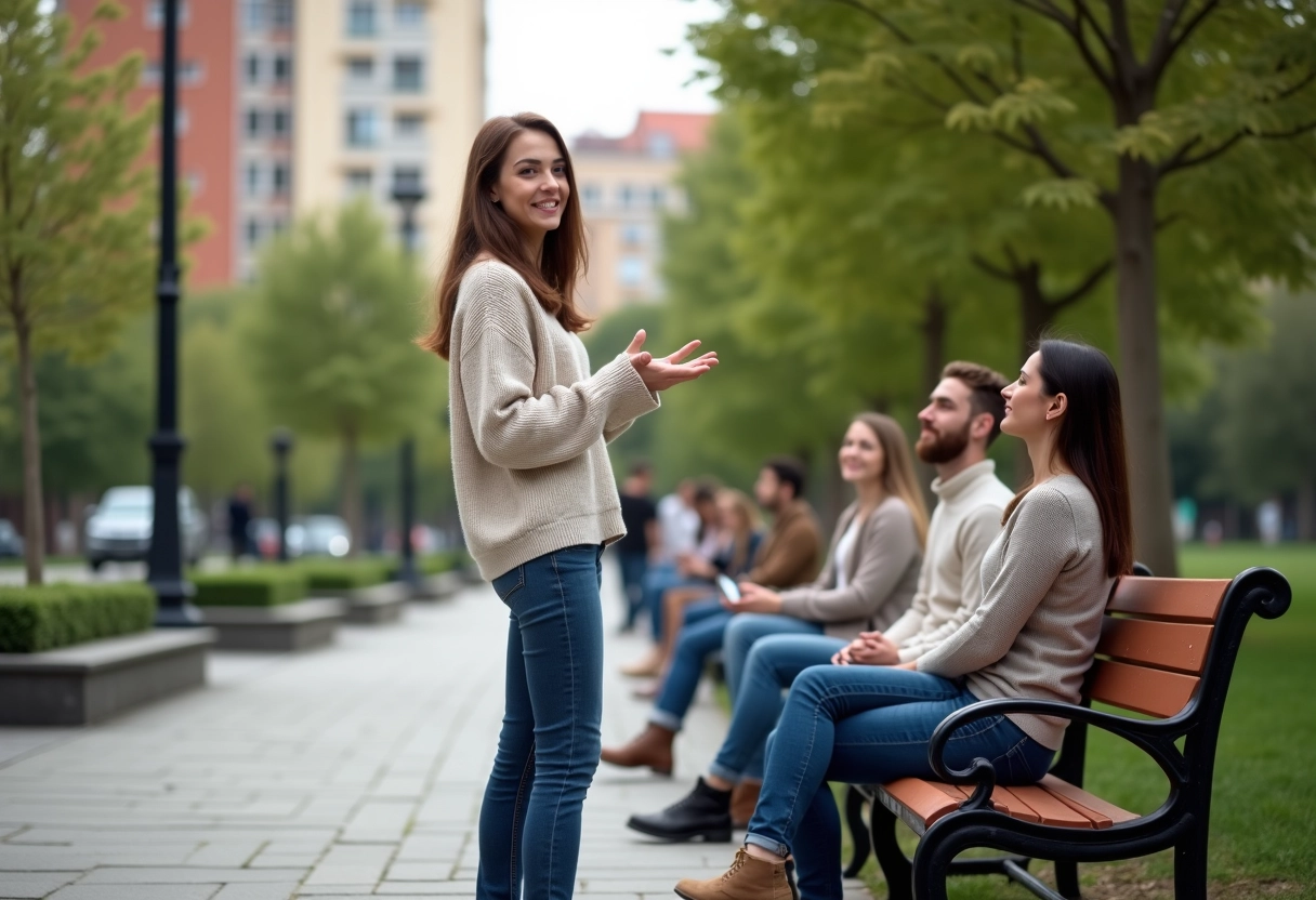 Jeune femme parlant et gesticulant dans un parc urbain